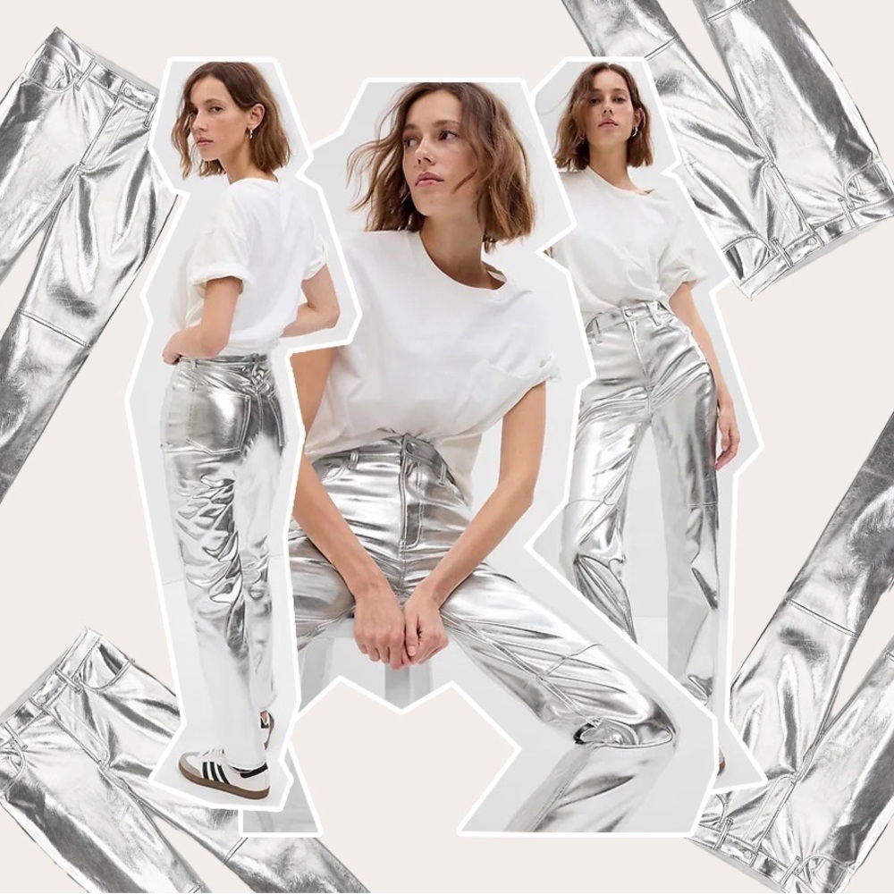 GAP Silver Metallic High Rise Vegan Leather Cheeky Straight Pants